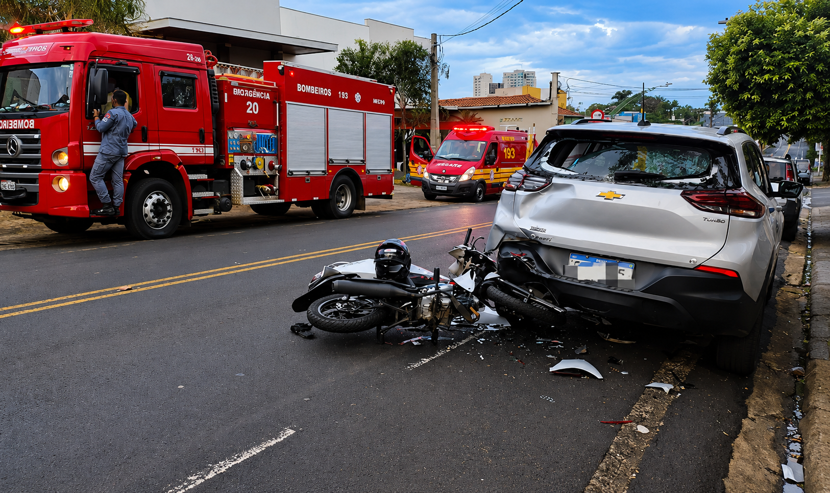 Motociclista fica gravemente ferido após colisão com carro estacionado