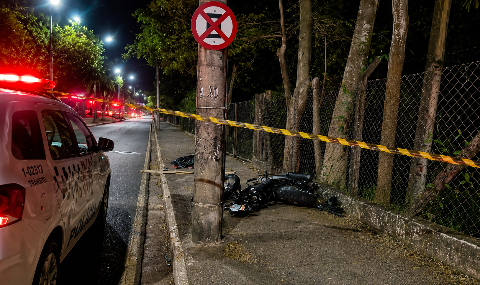 Homem morre após perder controle de moto e bater em poste na Avenida dos Araçás