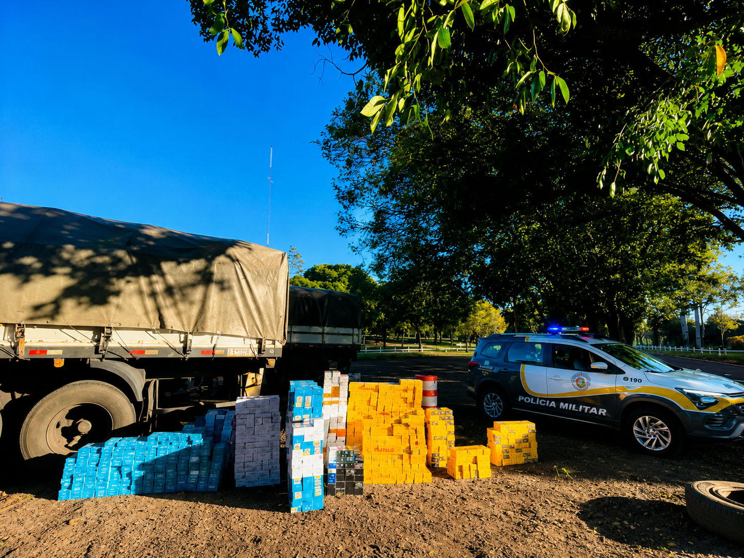 PM Rodoviária apreende caminhão de arroz recheado com 1,8 mil caixas de remédio para emagrecer e celulares