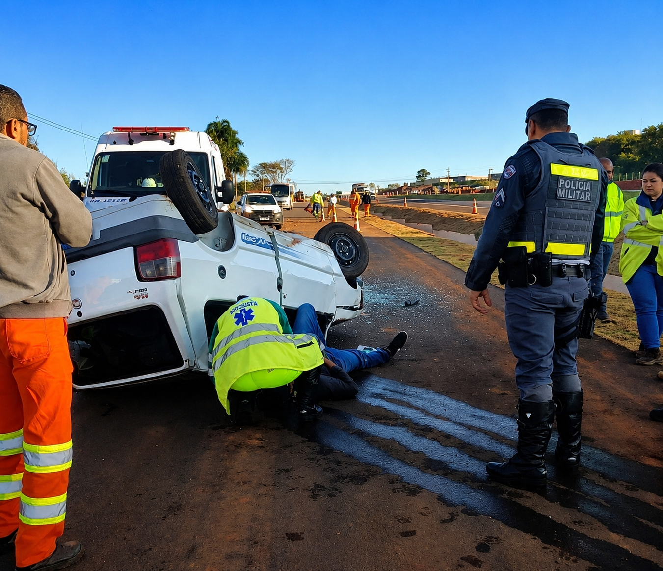 Susto na Rondon: Fiat Uno capota e deixa motorista ferido na rodovia