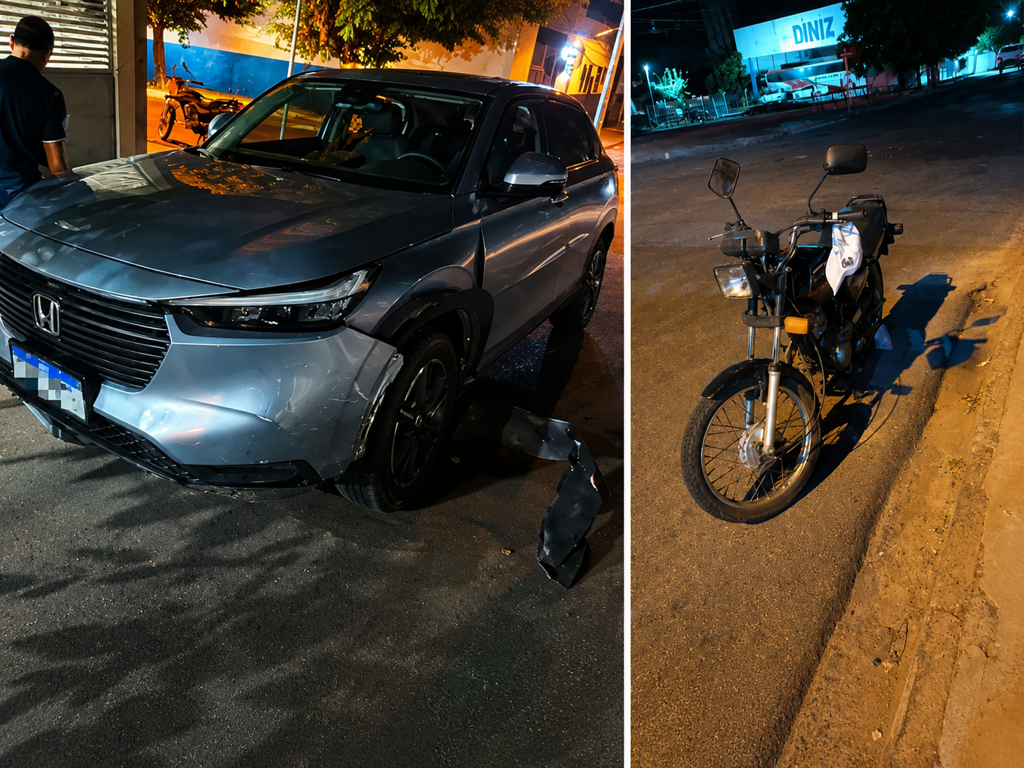 Susto na noite de sábado! Batida forte entre HR-V e moto joga duas pessoas no chão