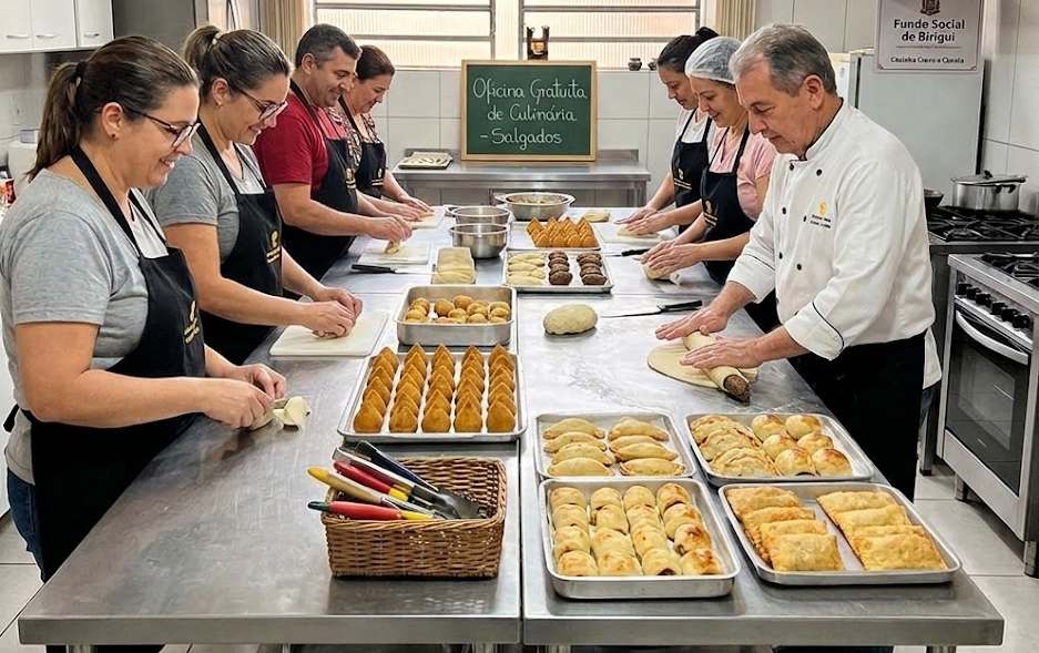 Oficina gratuita de culinária ensina a fazer salgados fritos e assados em Birigui
