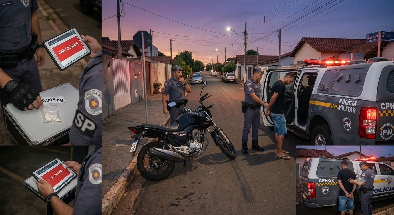 Fuga em alta velocidade, droga e CNH cassada: motoqueiro cai no pulo da PM em Araçatuba