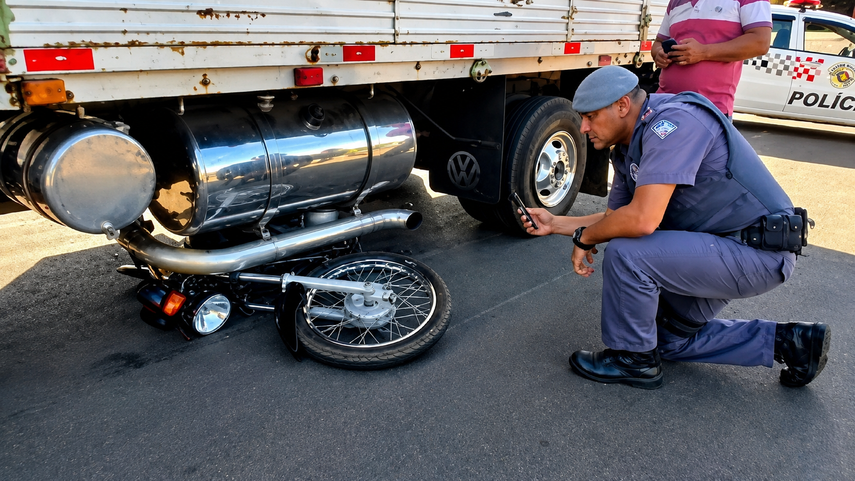 Moto fica presa embaixo de caminhão após colisão no cruzamento de avenida