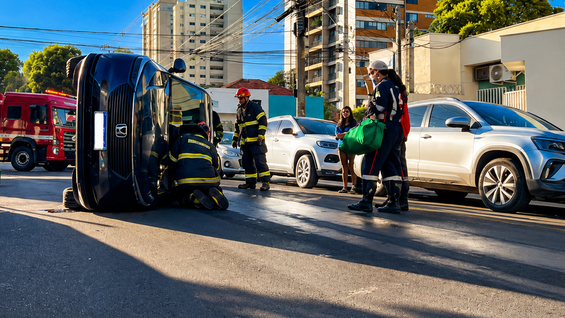 Carro tomba em cruzamento e motorista é resgatada pelo porta-malas em Araçatuba