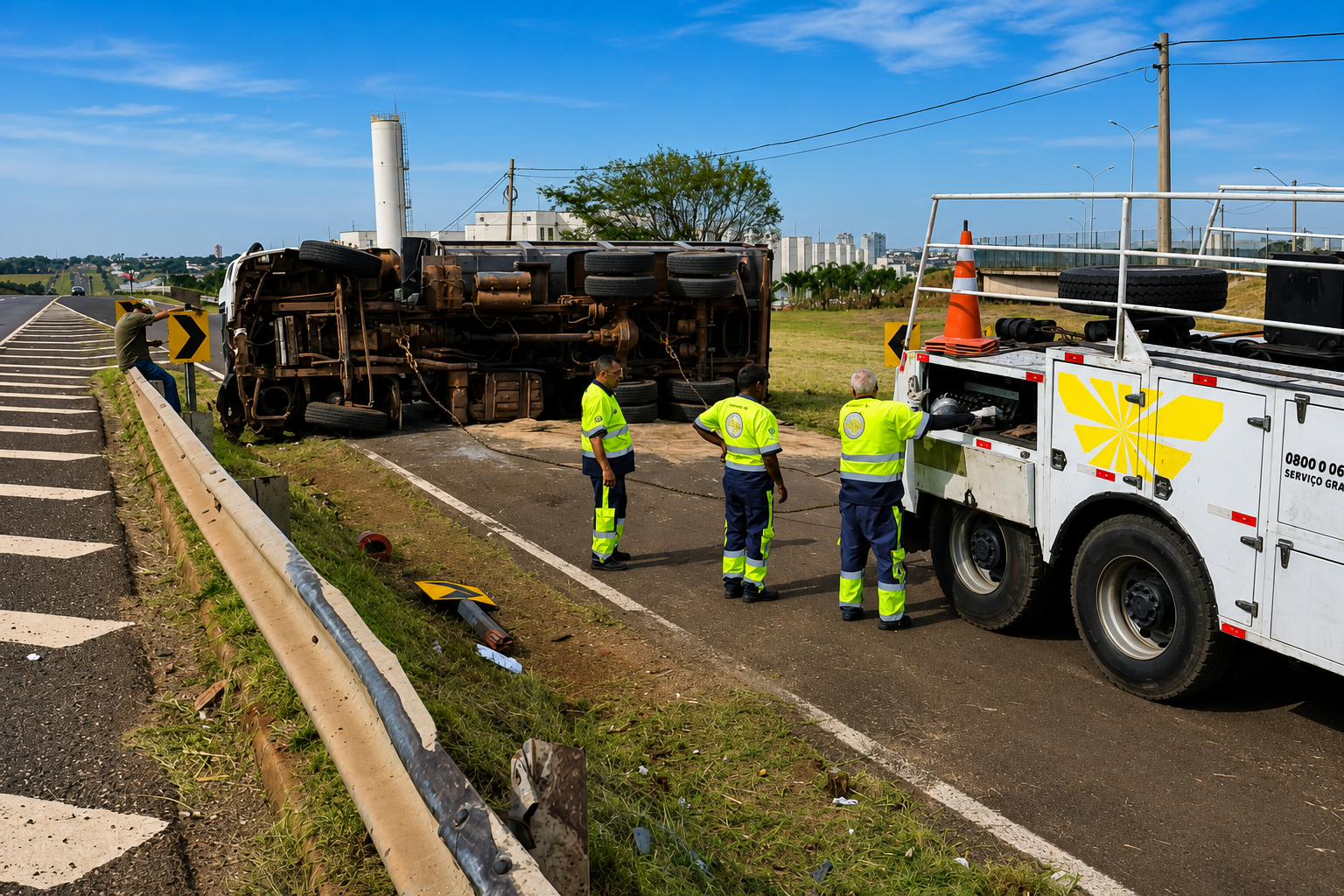 Susto no trânsito: caminhão caçamba tomba e trava alça de acesso à SP-461