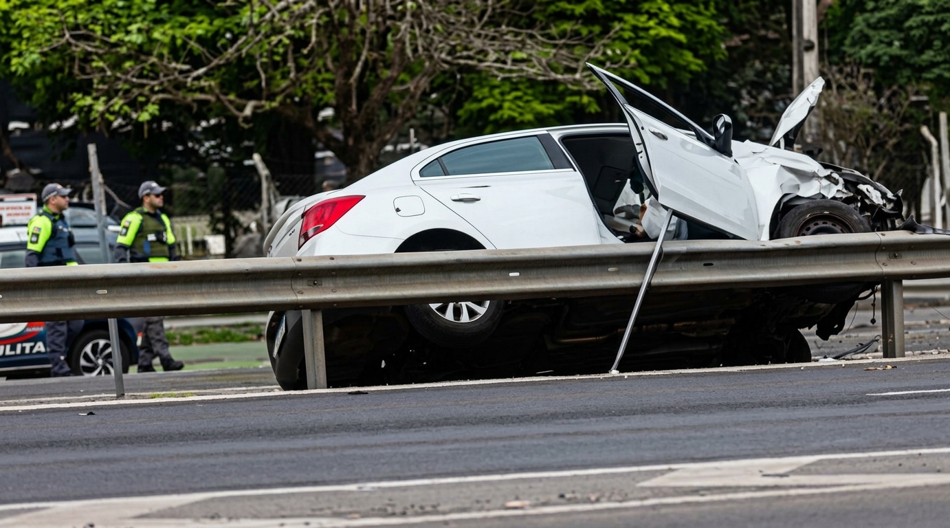 Carro vai parar em cima de defensa metálica após motorista gestante perder o controle na Rondon